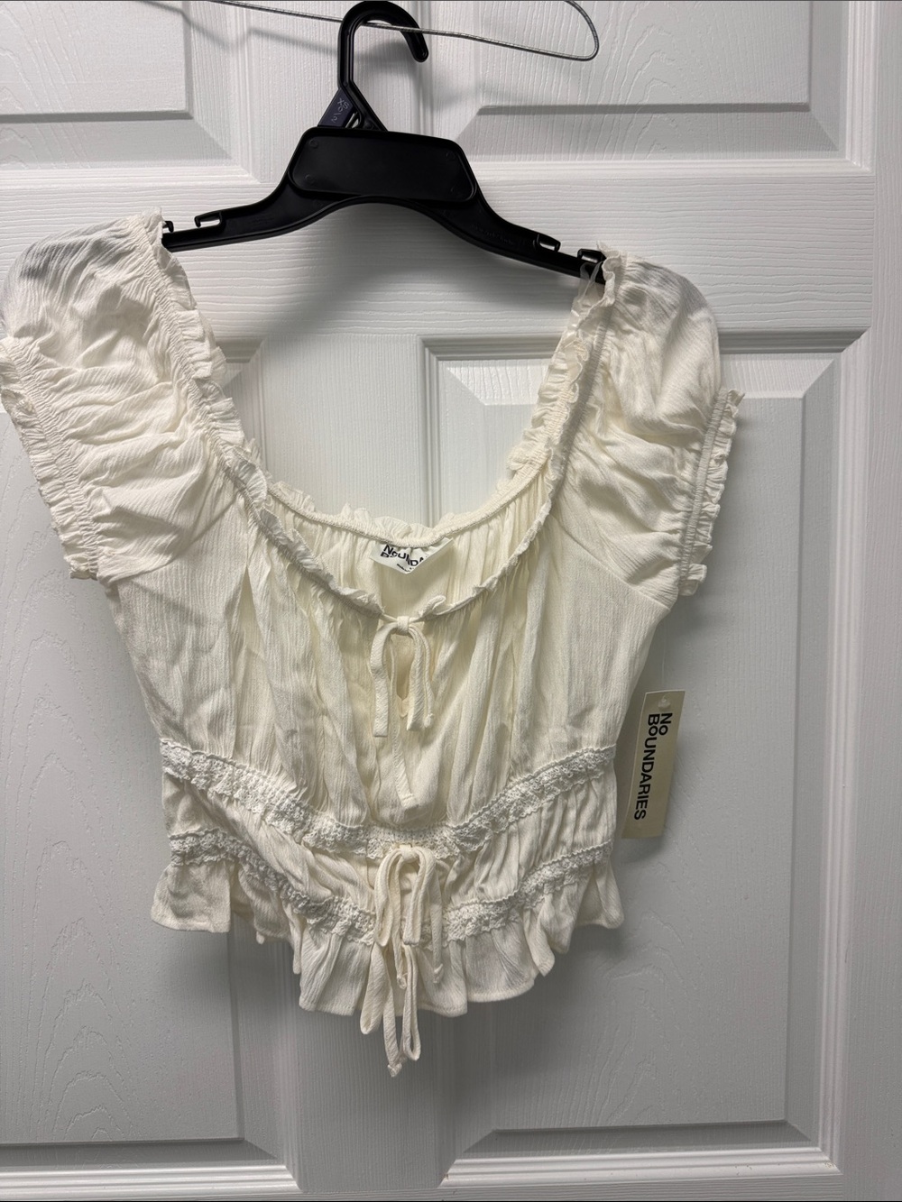 No Boundaries Cream Ruffle Tie-Front Smocked Waist Top